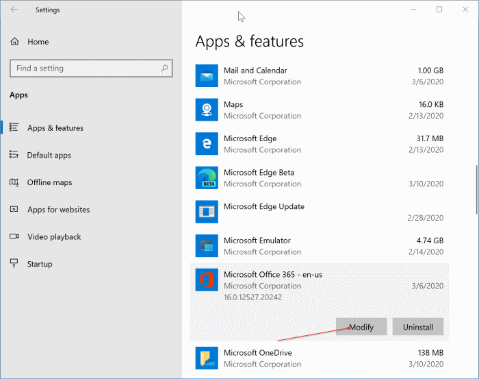 réparer l'installation d'Office 365 dans Windows 10 pic1