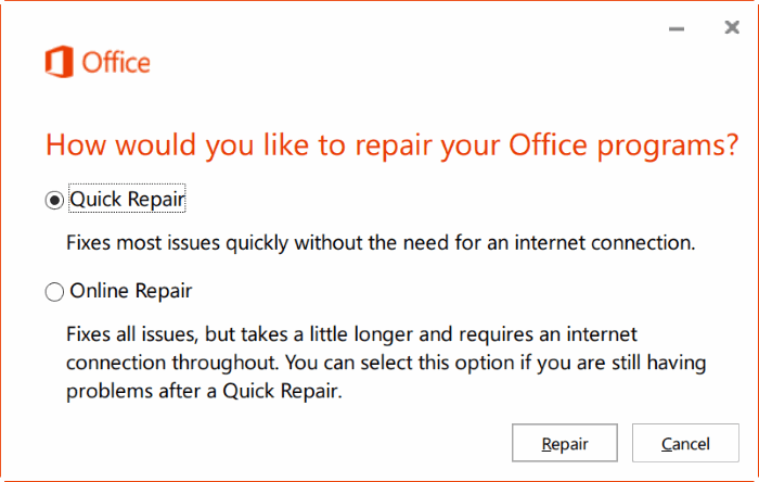 réparer l'installation d'Office 365 sur Windows 10 étape 3
