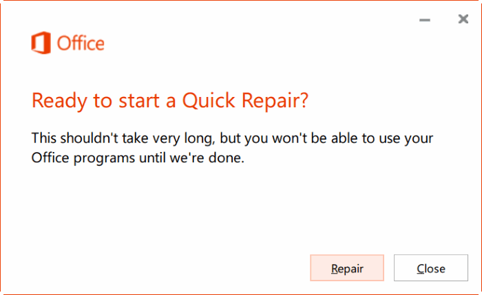 réparer l'installation d'Office 365 sur Windows 10 étape 4