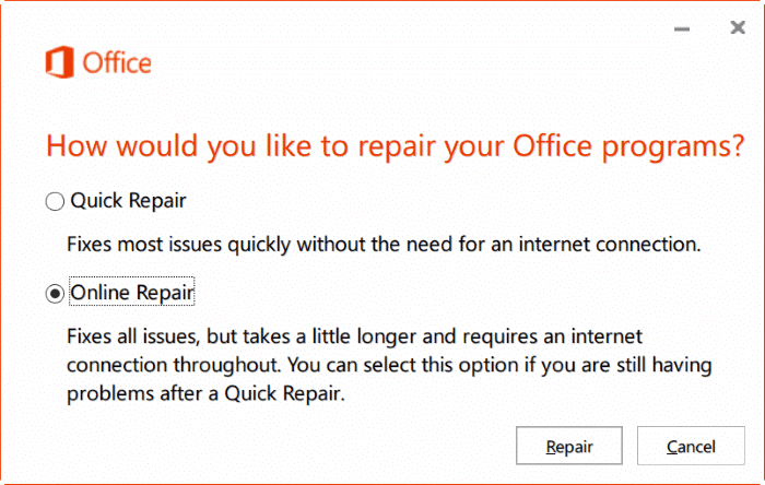 réparer l'installation d'Office 365 sur Windows 10 étape 7