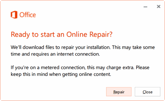 réparer l'installation d'Office 365 sur Windows 10 étape 8