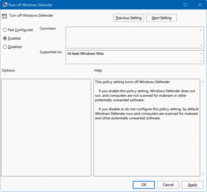 désactiver Windows Defender dans Windows 10 via le registre ou la stratégie de groupe étape 2