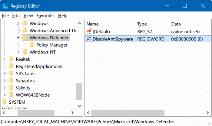 désactiver Windows Defender dans Windows 10 via le registre ou la stratégie de groupe étape 5