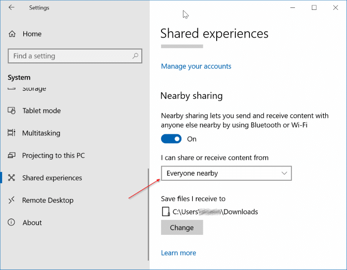 Le partage à proximité ne fonctionne pas dans Windows 10 pic1