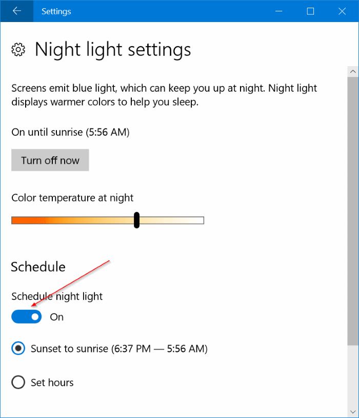 activer automatiquement le mode veilleuse dans Windows 10 pic5