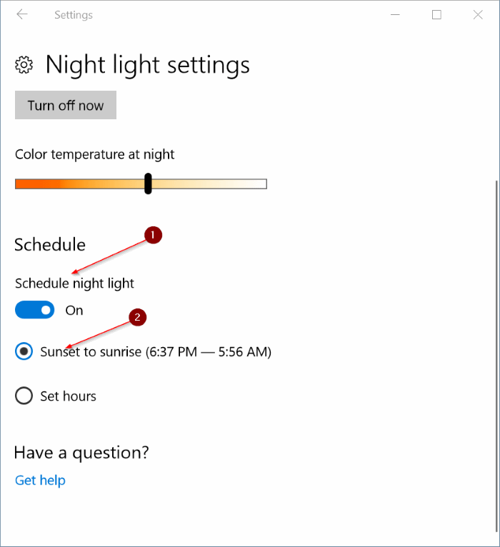 activer automatiquement le mode veilleuse dans Windows 10 pic4