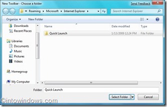 Nouveau dossier de sélection de la barre d'outils Windows 7