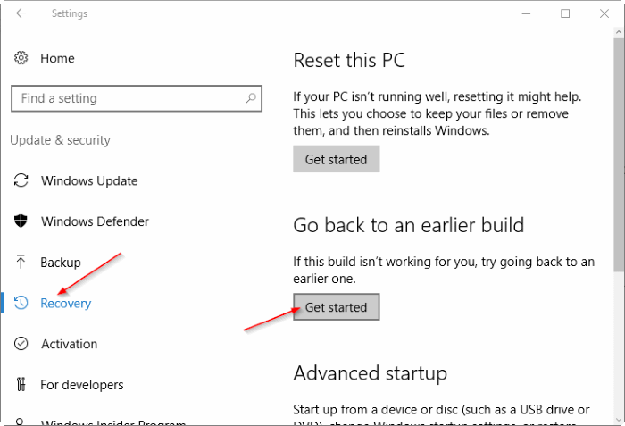 Options de récupération de Windows 10