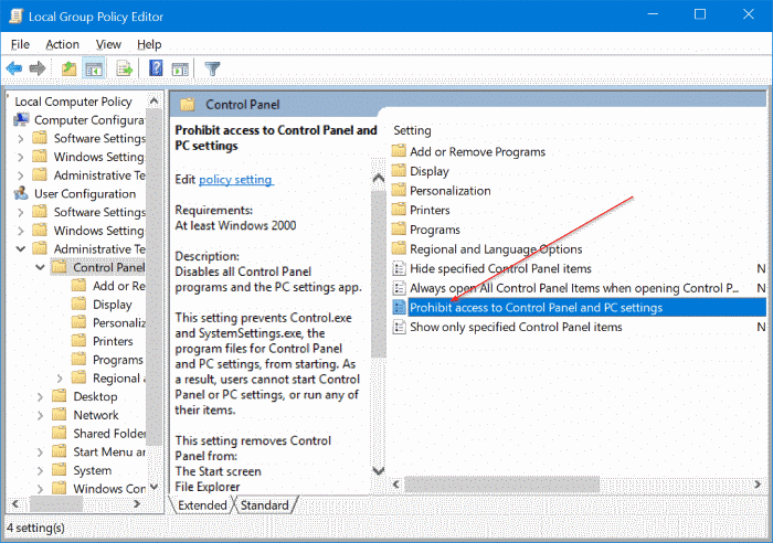 activer ou désactiver les paramètres dans Windows 10 pic2