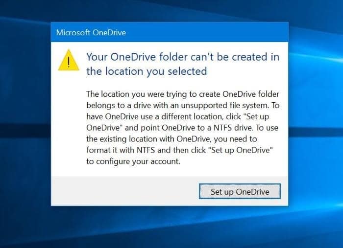 Votre dossier OneDrive ne peut pas être créé à l'emplacement que vous avez sélectionné pic2