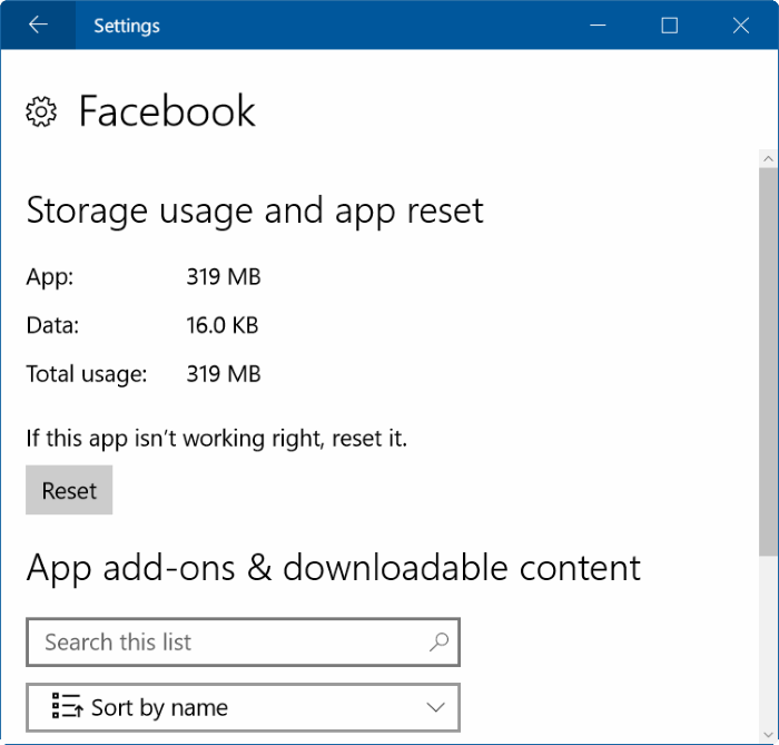 réinitialiser l'application Facebook dans Windows 10 pic2