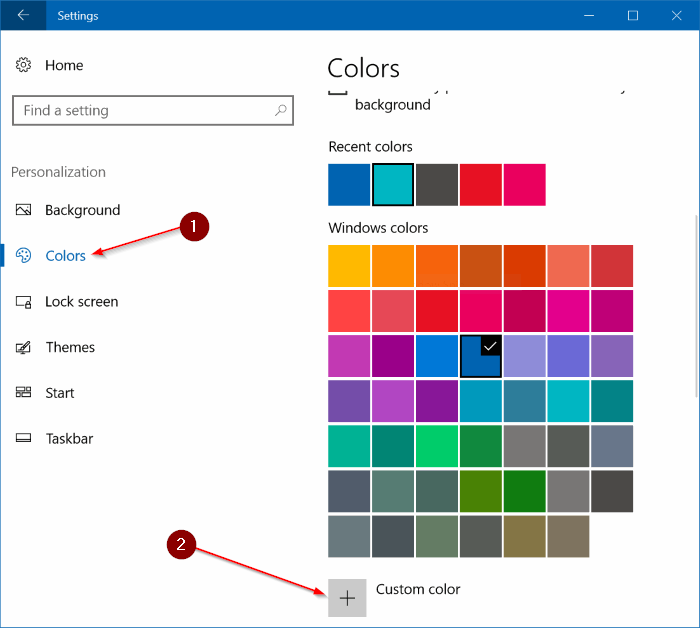 définir une couleur personnalisée pour la barre des tâches et la barre de titre de Windows 10 pic1