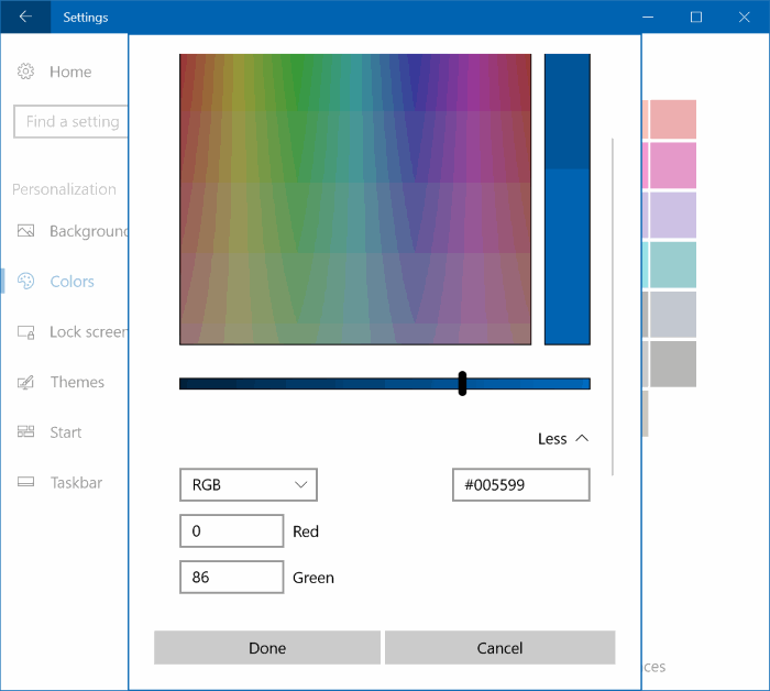 définir une couleur personnalisée pour la barre des tâches Windows 10 et la barre de titre pic3