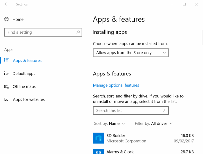 fonctionnalités de l'application dans Windows 10 Creators Update pic1