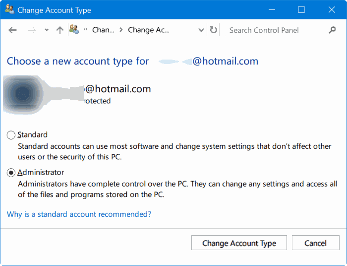 changer le compte d'utilisateur standard en compte administrateur dans Windows 10 pic1