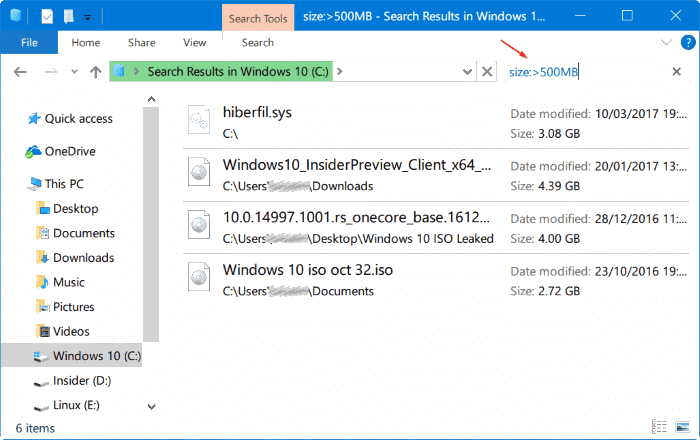 rechercher des fichiers volumineux dans Windows 10 pic4