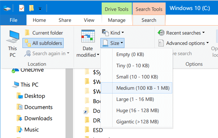 rechercher des fichiers volumineux dans Windows 10 pic3