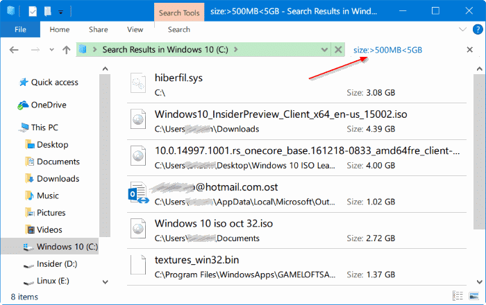 rechercher des fichiers volumineux dans Windows 10 pic5
