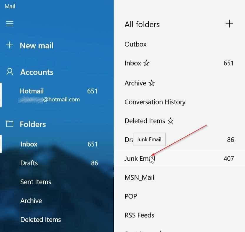ouvrir le dossier spam dans l'application de messagerie Windows 10 pic2