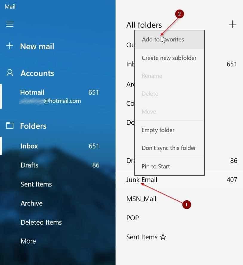 ouvrir le dossier spam ou courrier indésirable dans Windows 10 mail pic3