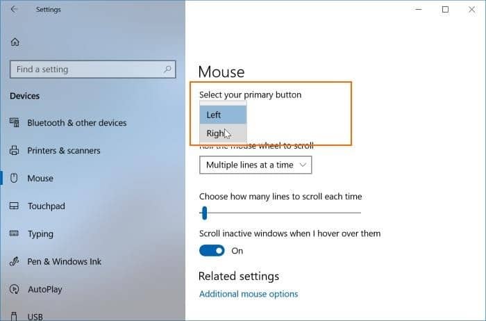 permuter les boutons de la souris dans Windows 10 pic1