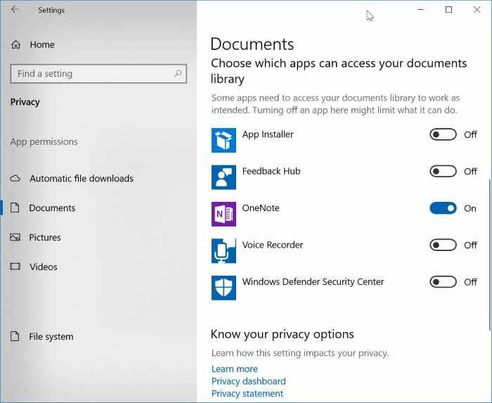empêcher les applications d'accéder aux documents, images et vidéos dans Windows 10 pic02