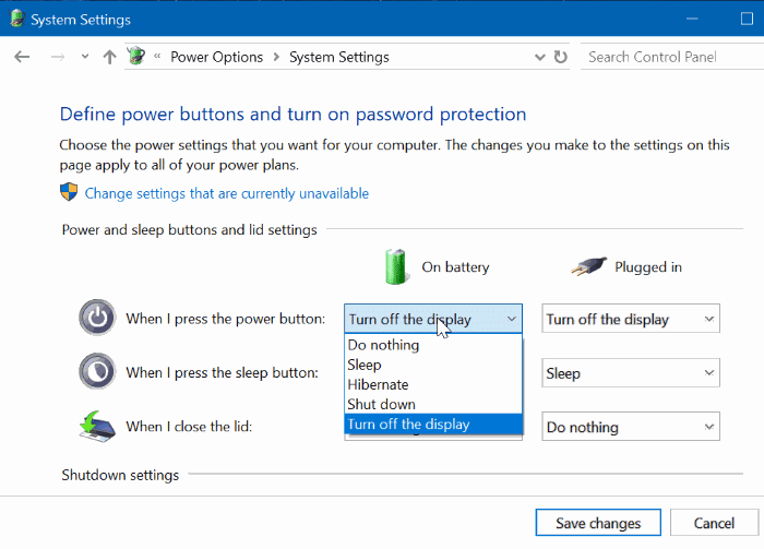 modifier les paramètres du bouton d'alimentation dans Windows 10 pic3