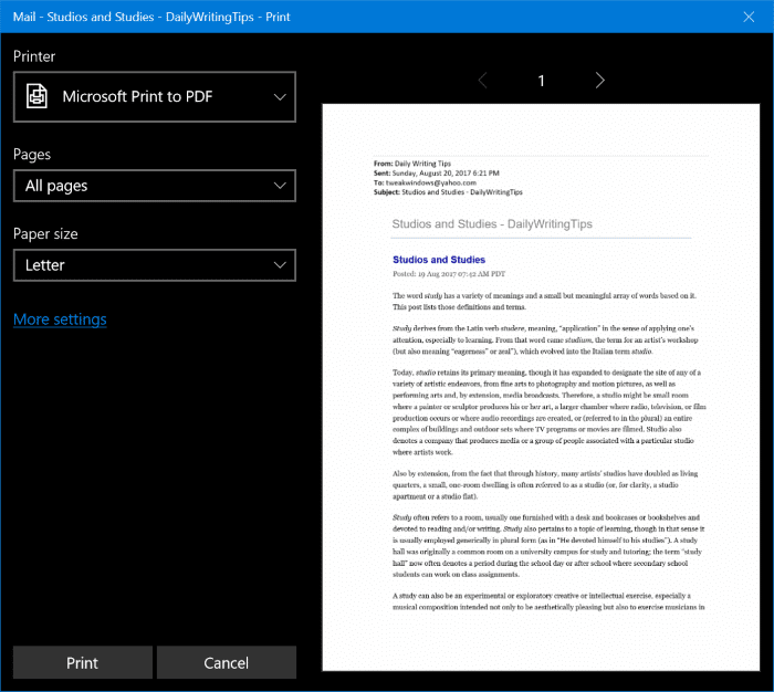 enregistrer les e-mails au format PDF dans Windows 10 pic2