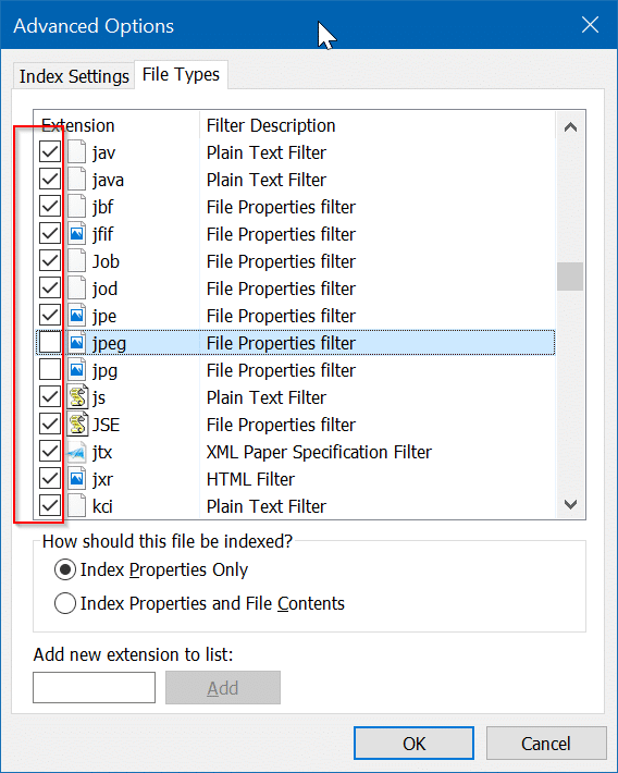 masque certains types de fichiers des résultats de recherche dans Windows 10 pic3