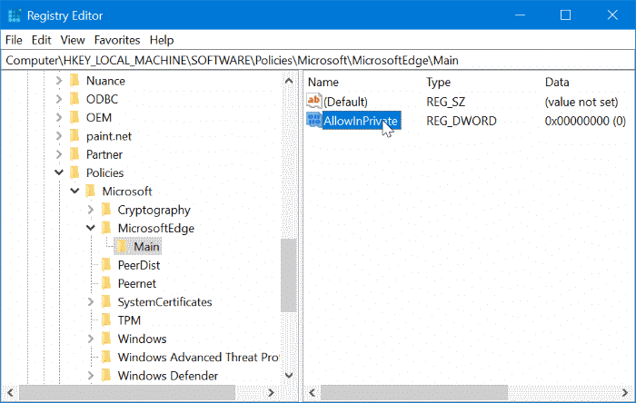 Désactiver la navigation privée dans le navigateur Edge dans Windows 10 pic8