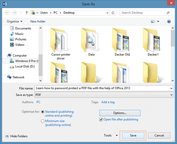 Mot de passe protéger le fichier PDF à l'aide d'Office 2013 Step6