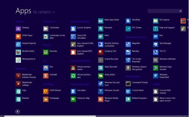 App afficher le raccourci clavier dans Windows 8.1
