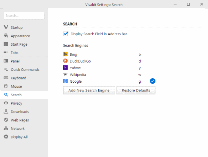 Définir Google comme moteur de recherche par défaut dans le navigateur Vivaldi pic3
