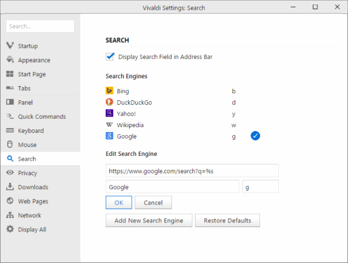 Définir Google comme moteur de recherche par défaut dans le navigateur Vivaldi pic4