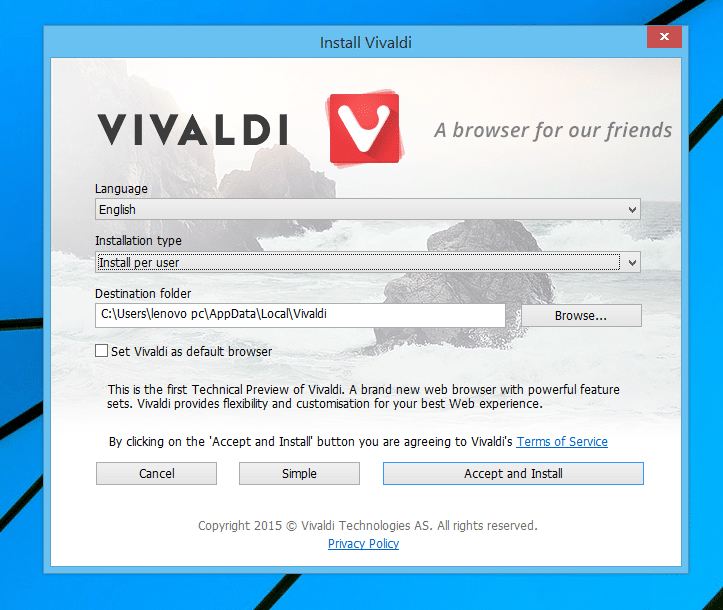 Installez le navigateur Vivaldi sur le système d'exploitation Windows