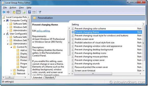 Empêcher les utilisateurs de modifier le thème Windows 7 à l'aide de la stratégie de groupe 2