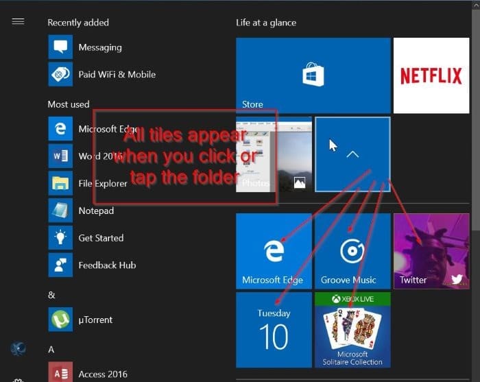 Créer des dossiers de vignettes d'applications en direct dans le menu Démarrer de Windows 10 pic5