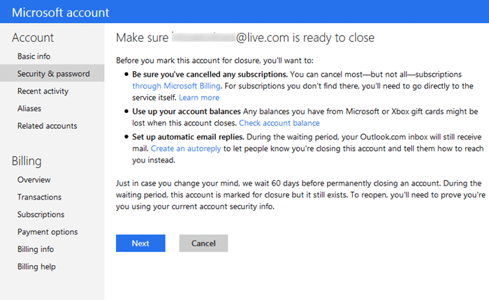 Fermez le compte hotmail Microsoft Outlook step6