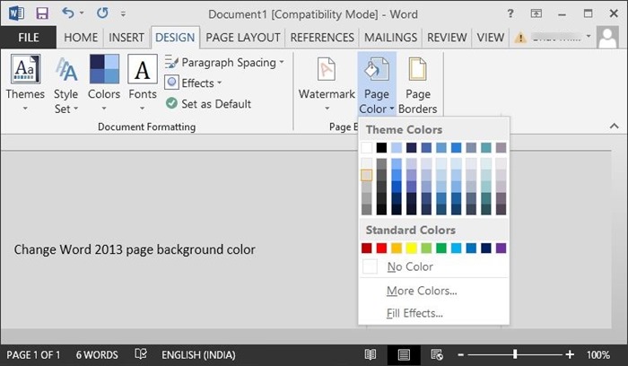 Modifier la couleur d'arrière-plan de la page dans Office Word 2013 et 2010