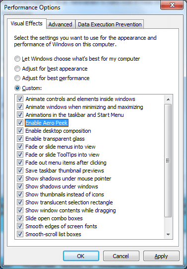 correction pour utiliser peek pour prévisualiser destkop désactivé dans Windows 7 10 (1)