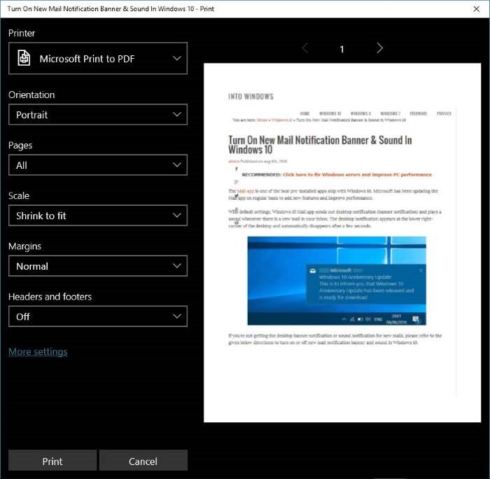 Enregistrez la page Web au format PDF dans Microsoft Edge étape 2