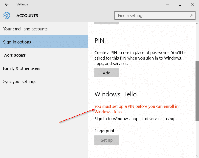 bouton de configuration d'empreintes digitales désactivé dans Windows 10 pic02