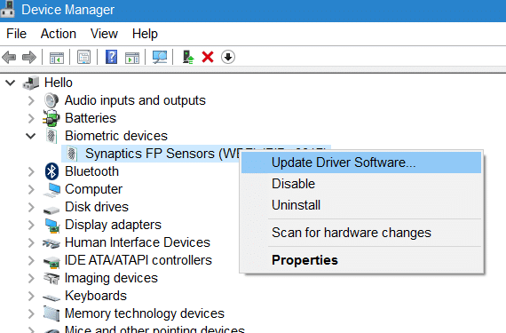 bouton de configuration d'empreintes digitales désactivé dans Windows 10 pic1