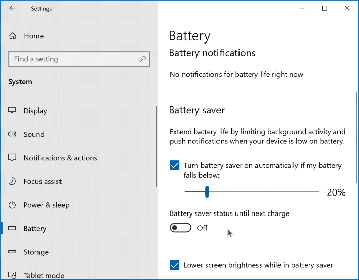 activer ou désactiver l'économiseur de batterie dans Windows 10