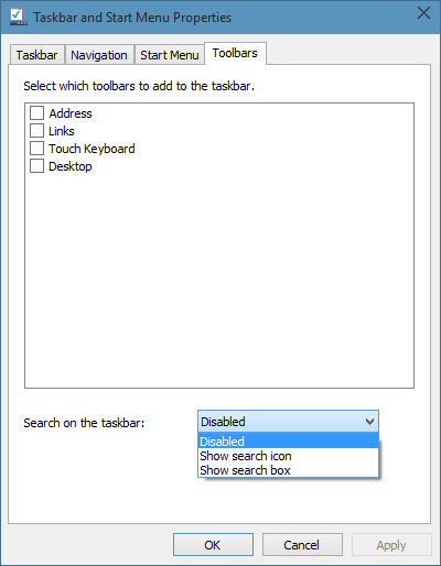 Supprimer le champ de recherche de la barre des tâches de Windows 10 Étape 3