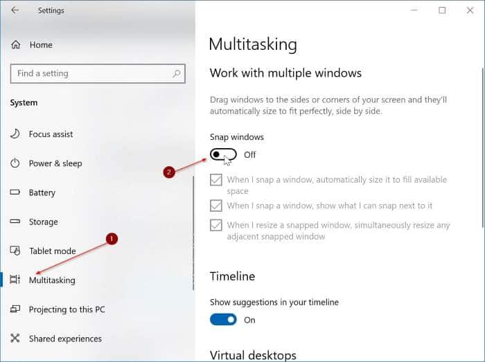 arrêter le redimensionnement automatique des fenêtres dans Windows 10
