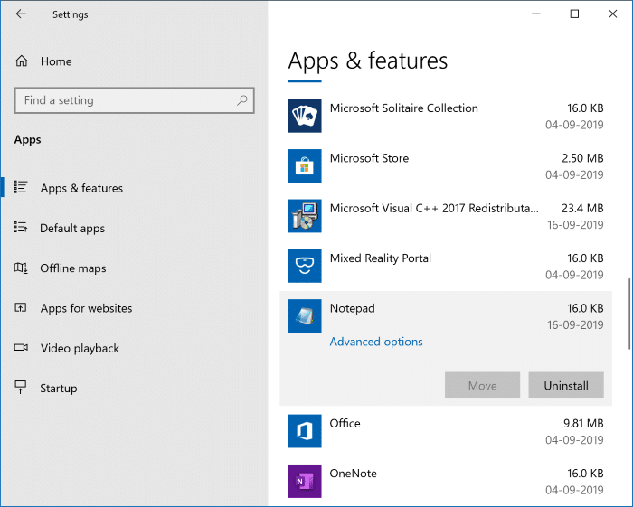 Réparer ou désinstaller le bloc-notes dans Windows 10 pic1