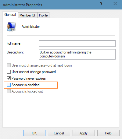 Activez le compte administrateur intégré masqué à l'étape 6 de Windows 10