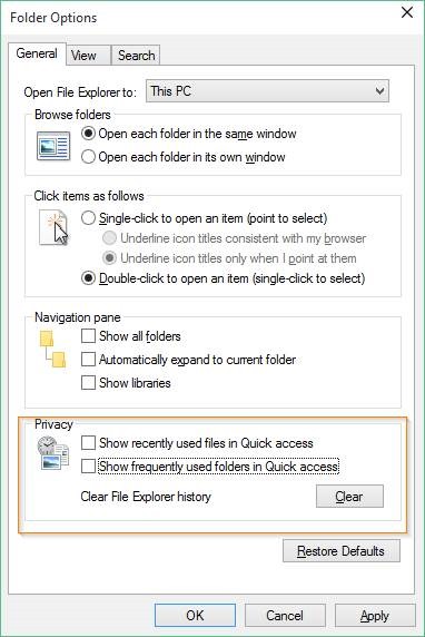 Désactiver l'accès rapide dans l'image 3 de Windows 10
