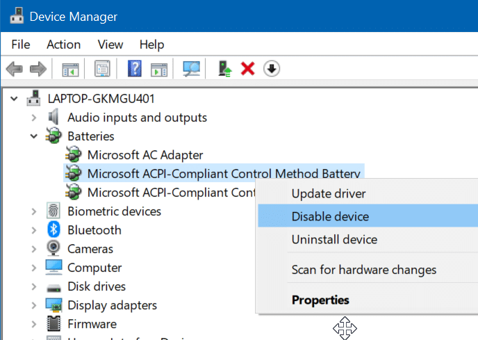 L'icône de la batterie est grisée dans les paramètres de Windows 10 (2)